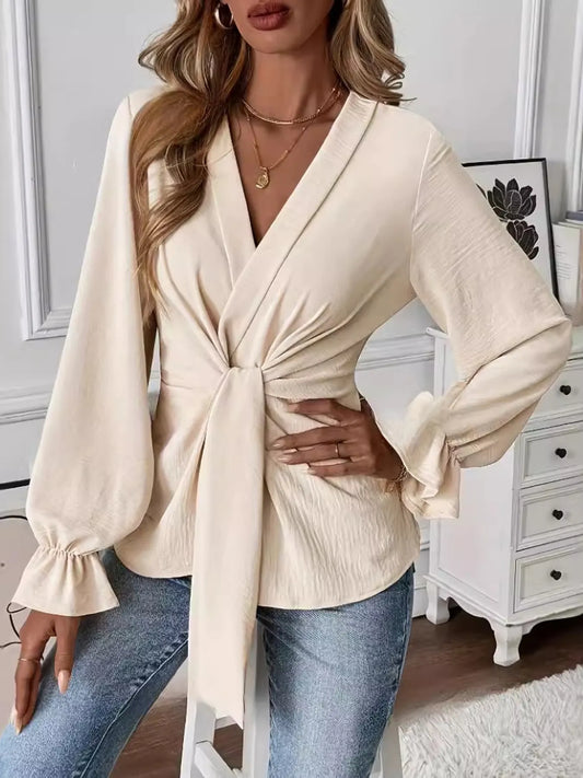 Cream Flounce Long Sleeve Blouse with Front Tie