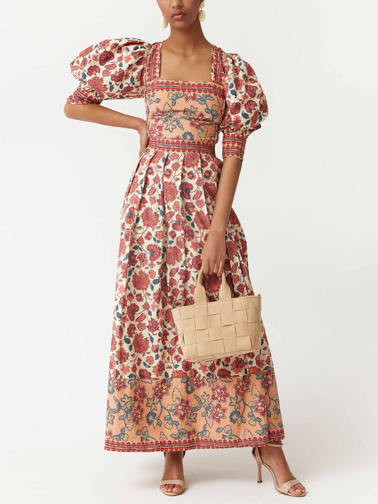 Retro Ethnic Floral Print Puff Sleeve Short Shirt
