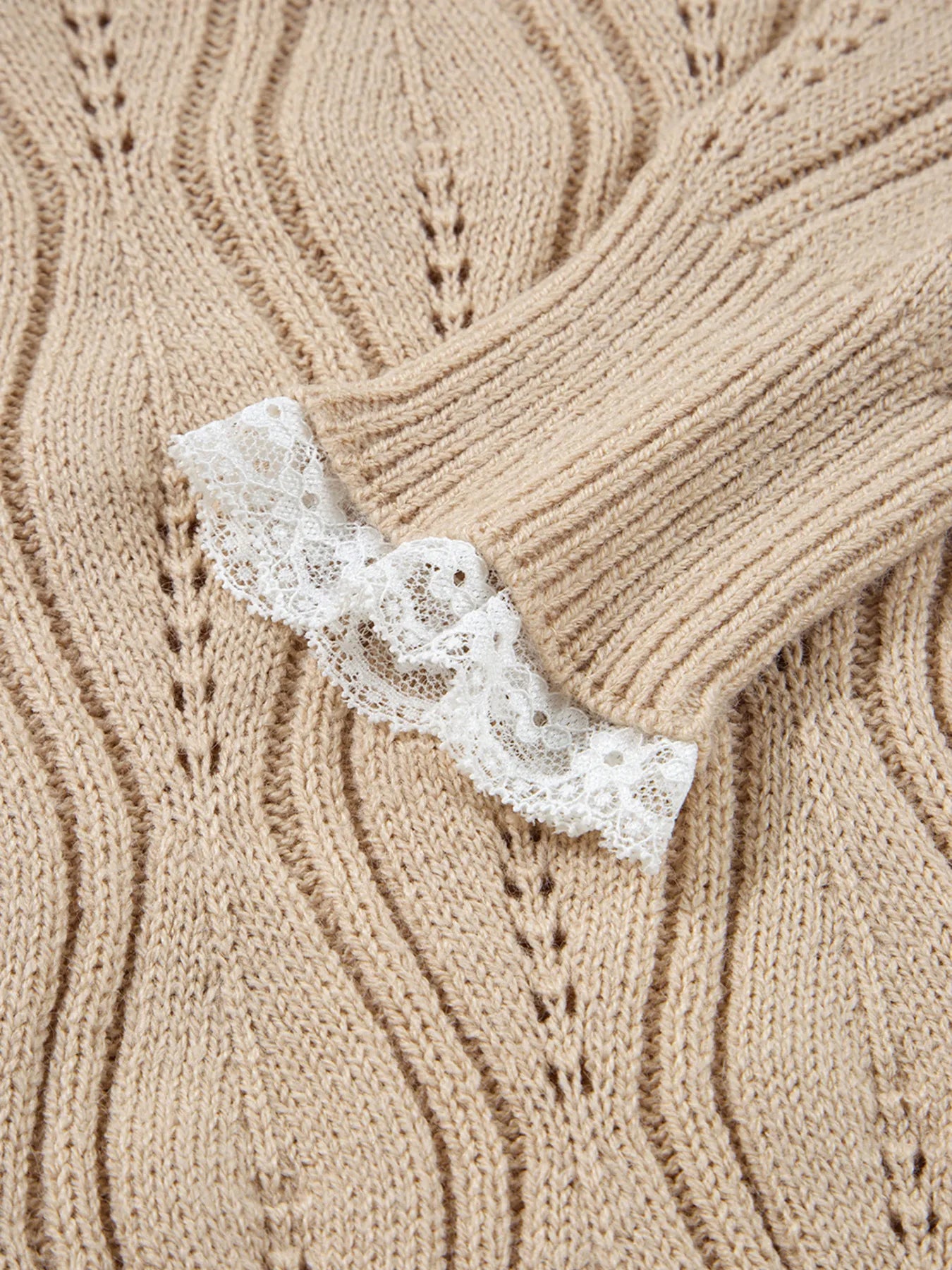 Pearl Beaded Sweater – Pointelle Knit, Lace Patchwork Sleeves