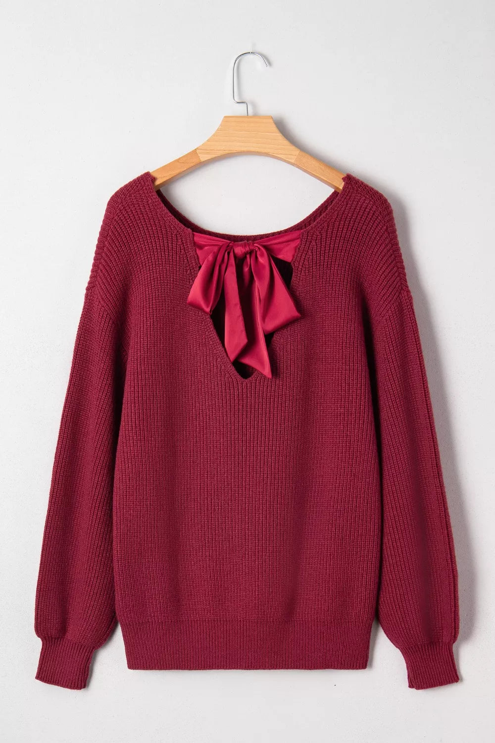 Ribbed Knit Ribbon Knot Backless Drop Shoulder Sweater