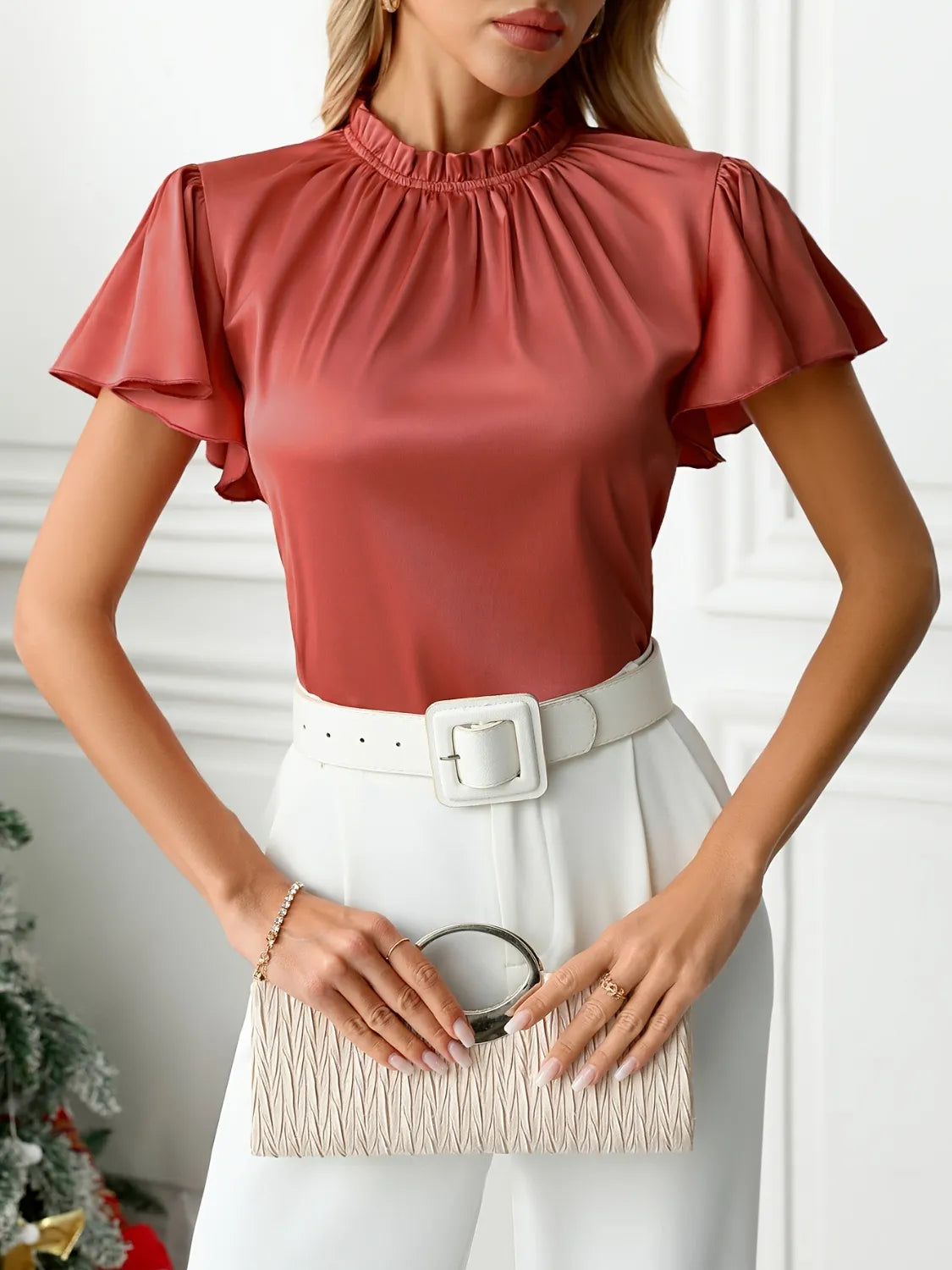 Mock Neck Flutter Sleeve Blouse