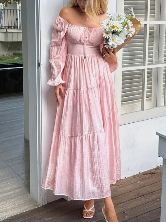 Tiered Balloon Sleeve Midi Dress – Elegant Long Sleeve Boho Dress for Women