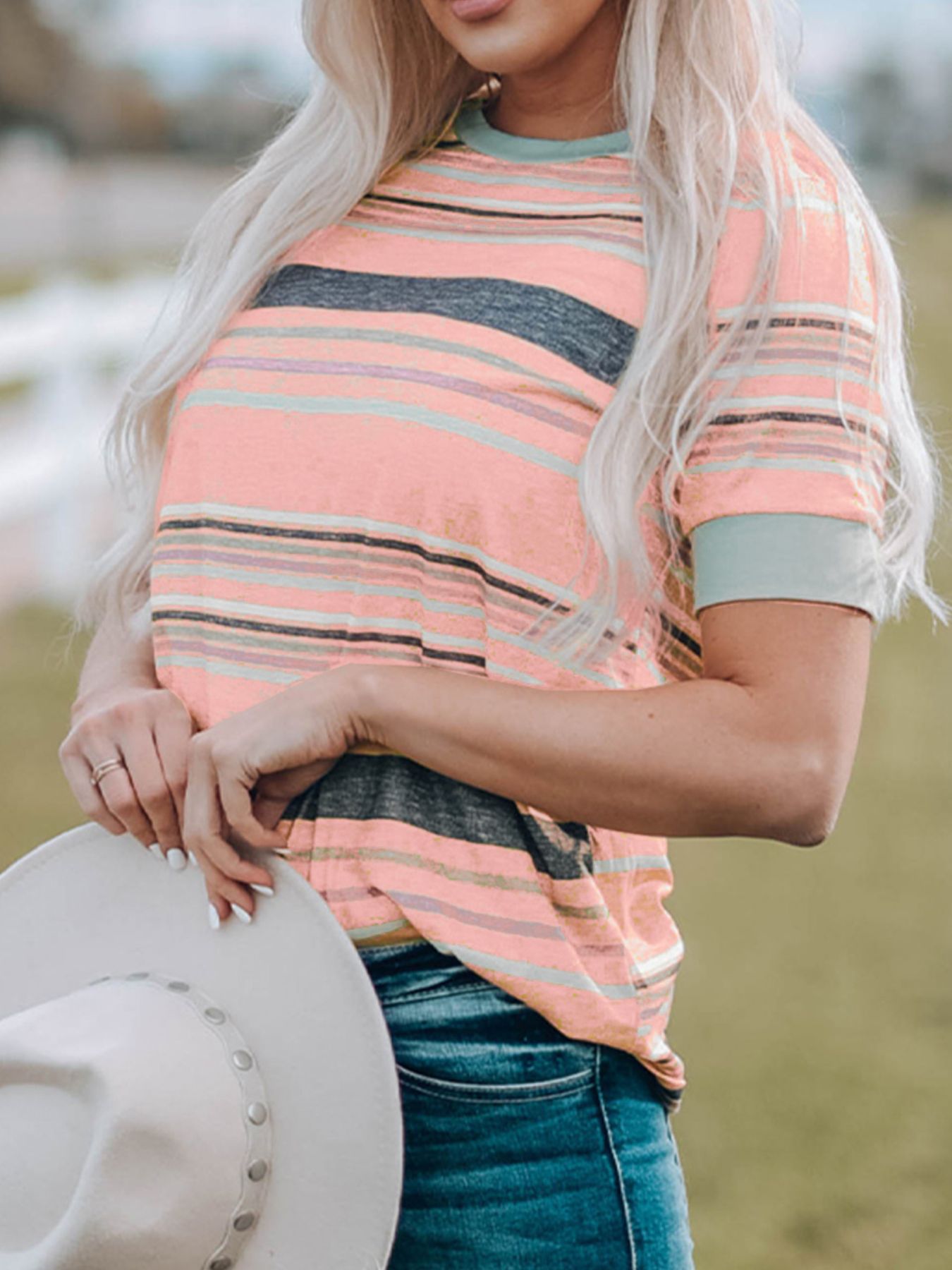 Minty Pink Multicolor Stripes Crew Neck T Shirt