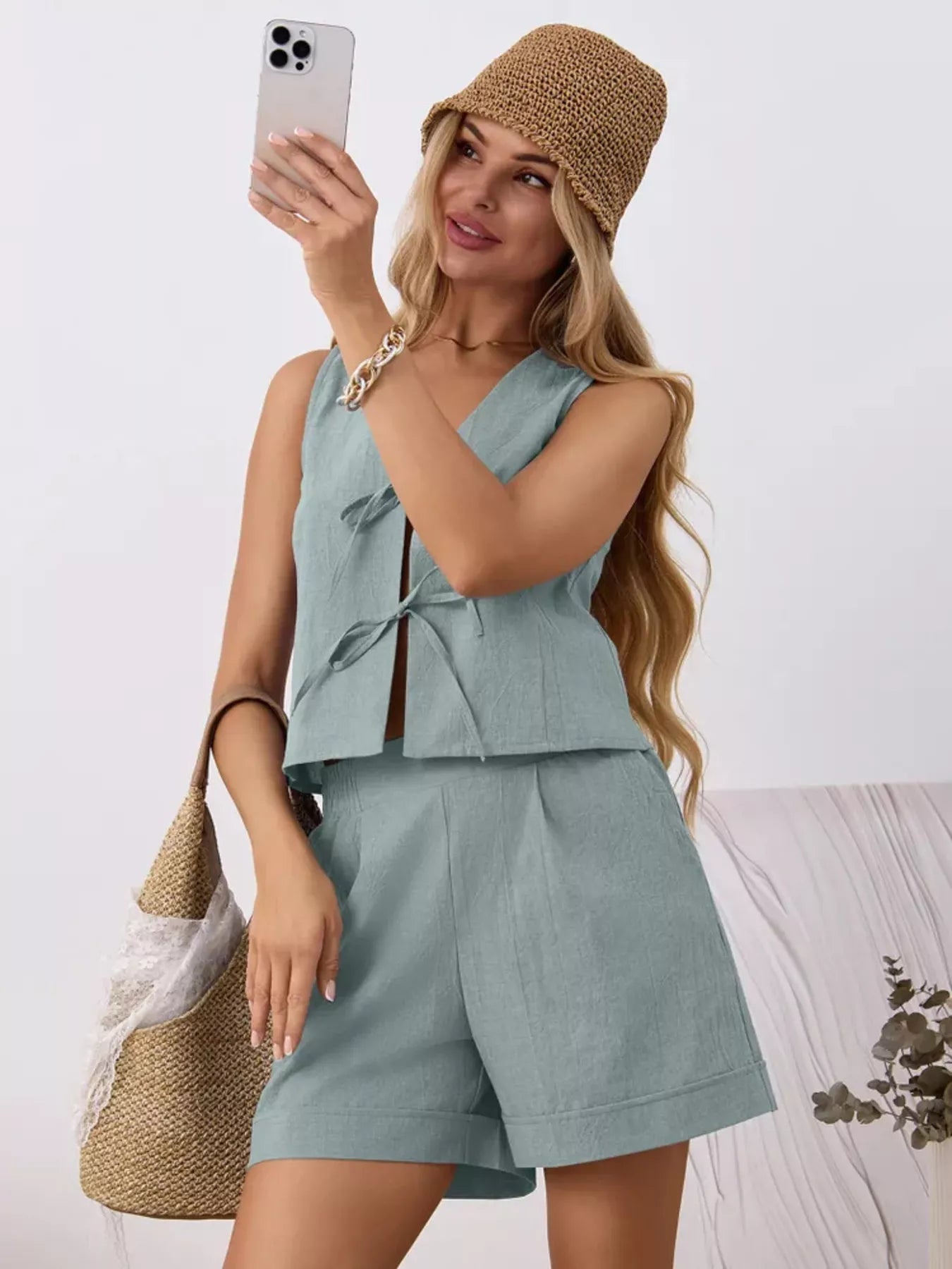 Tie-Front Sleeveless Top and Shorts Set