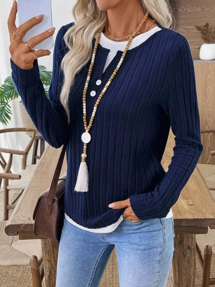 Ribbed Knit Long Sleeve Fake Two-Piece T-Shirt