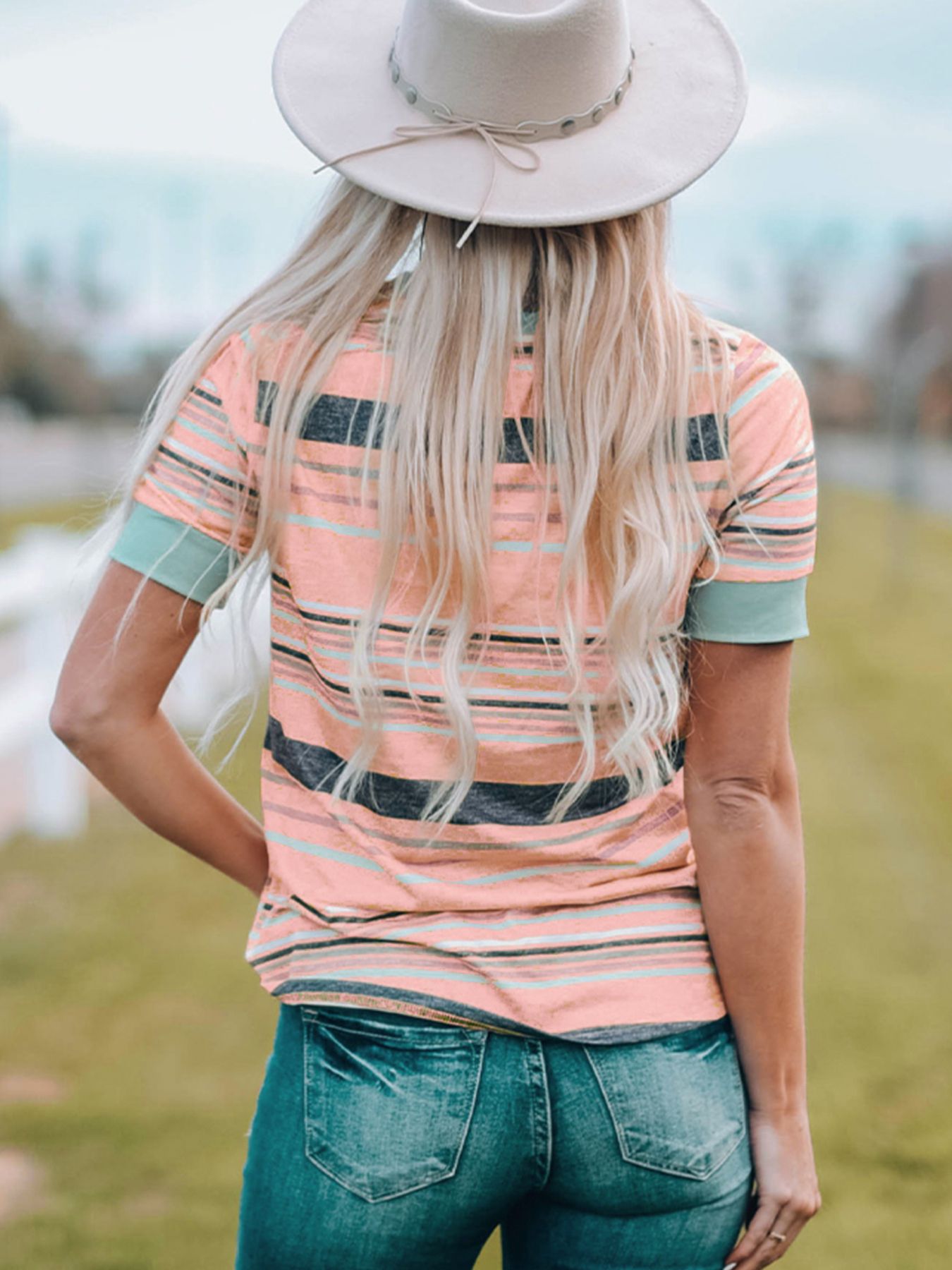 Minty Pink Multicolor Stripes Crew Neck T Shirt