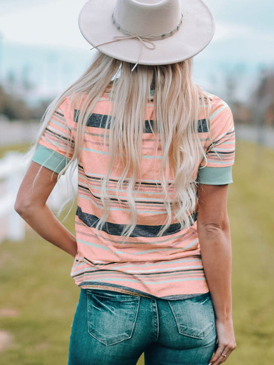 Minty Pink Multicolor Stripes Crew Neck T Shirt
