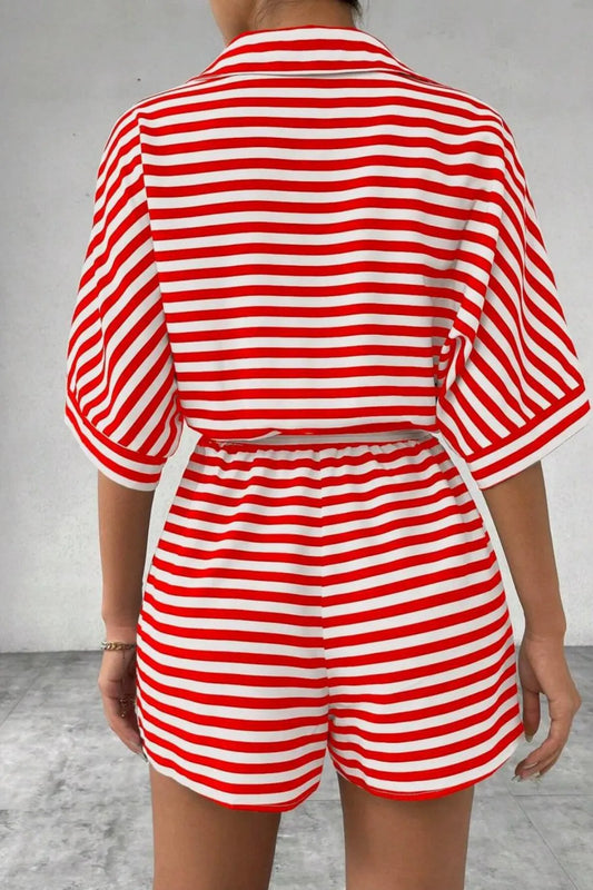 Striped Romper - Collared Tied Waist