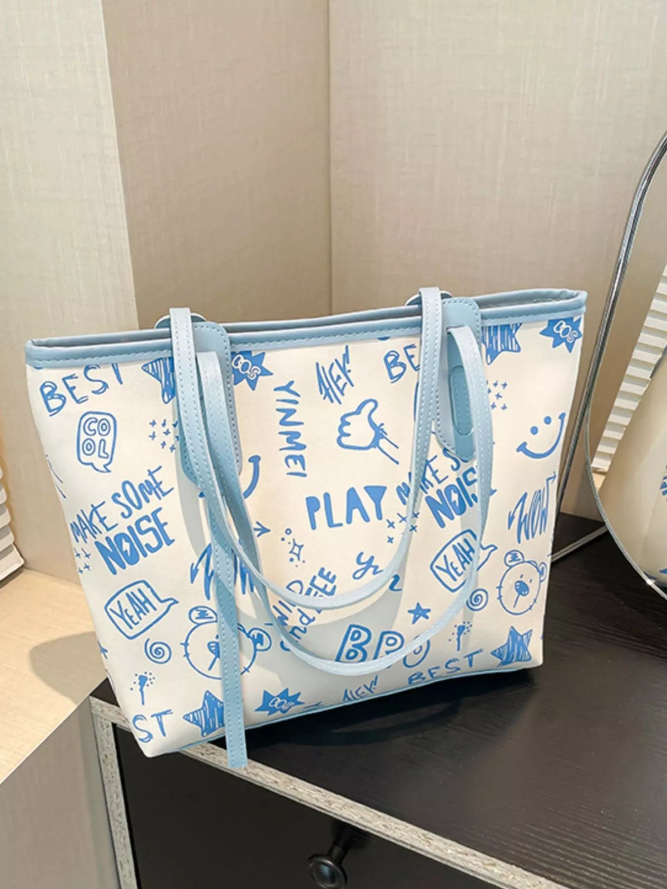 Trendy Graffiti Print Casual Tote Bag – Large Canvas Shoulder Bag for Women