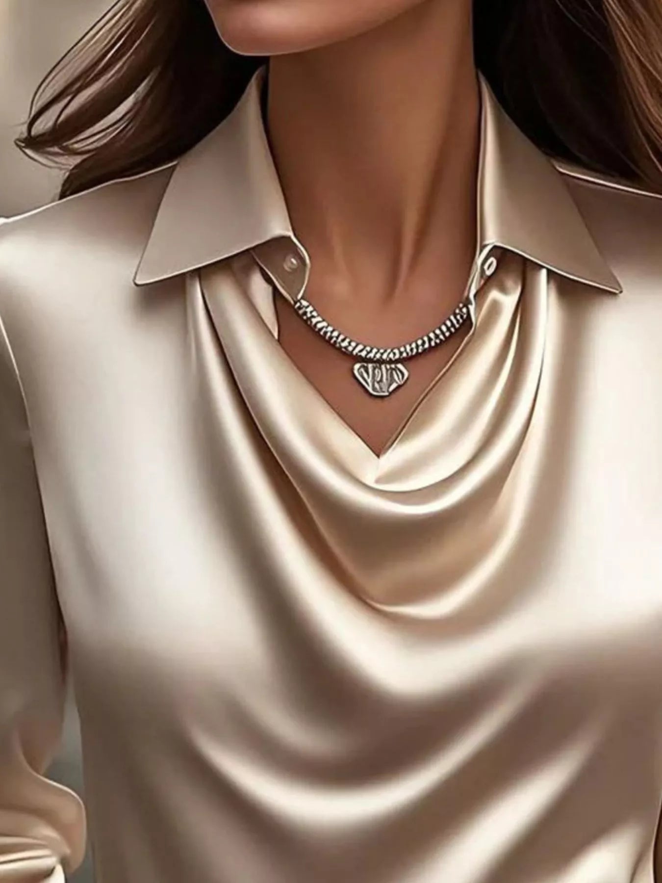 Shiny Satin Cowl Neck Long Sleeve Blouse - Inclusive Sizing