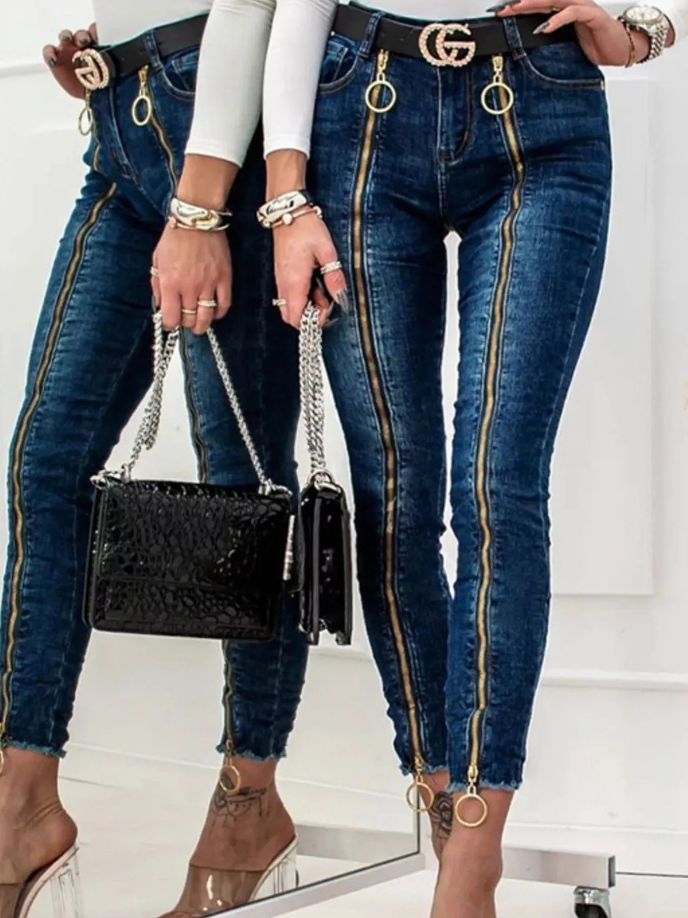 Zipper Front Skinny Jeans Dark Blue