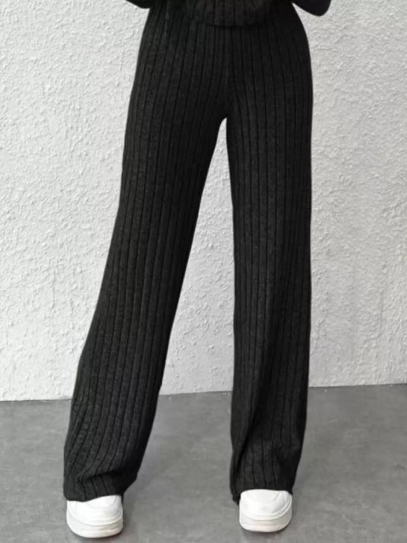Ribbed Knit Hoodie & Wide Leg Pants Set