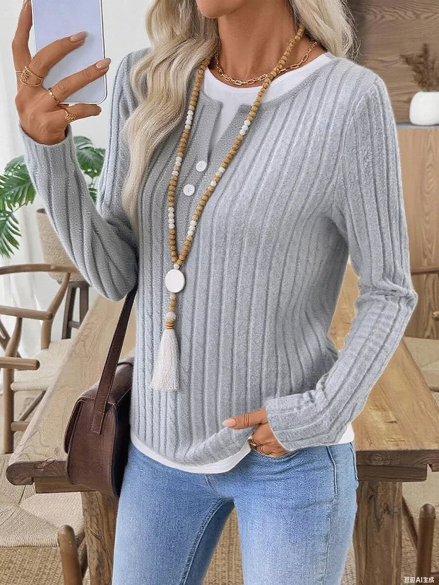 Ribbed Knit Long Sleeve Fake Two-Piece T-Shirt