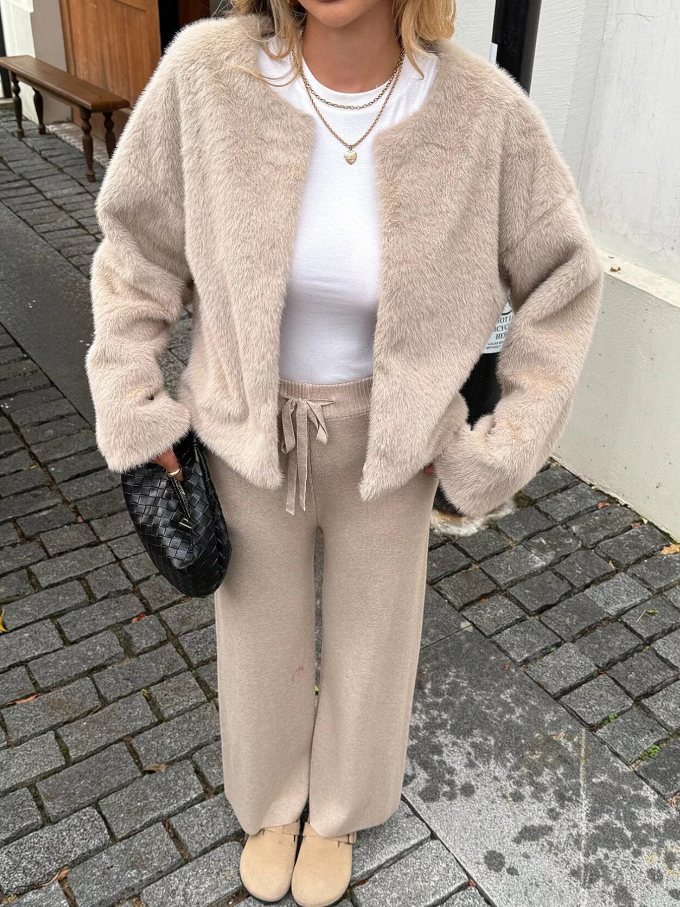 Open Front Dropped Shoulder Fuzzy Outerwear