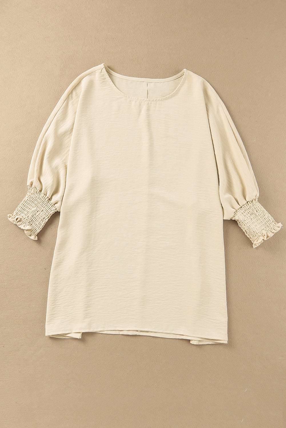 Apricot Solid Casual Smocked Cuffs Batwing Sleeve Blouse