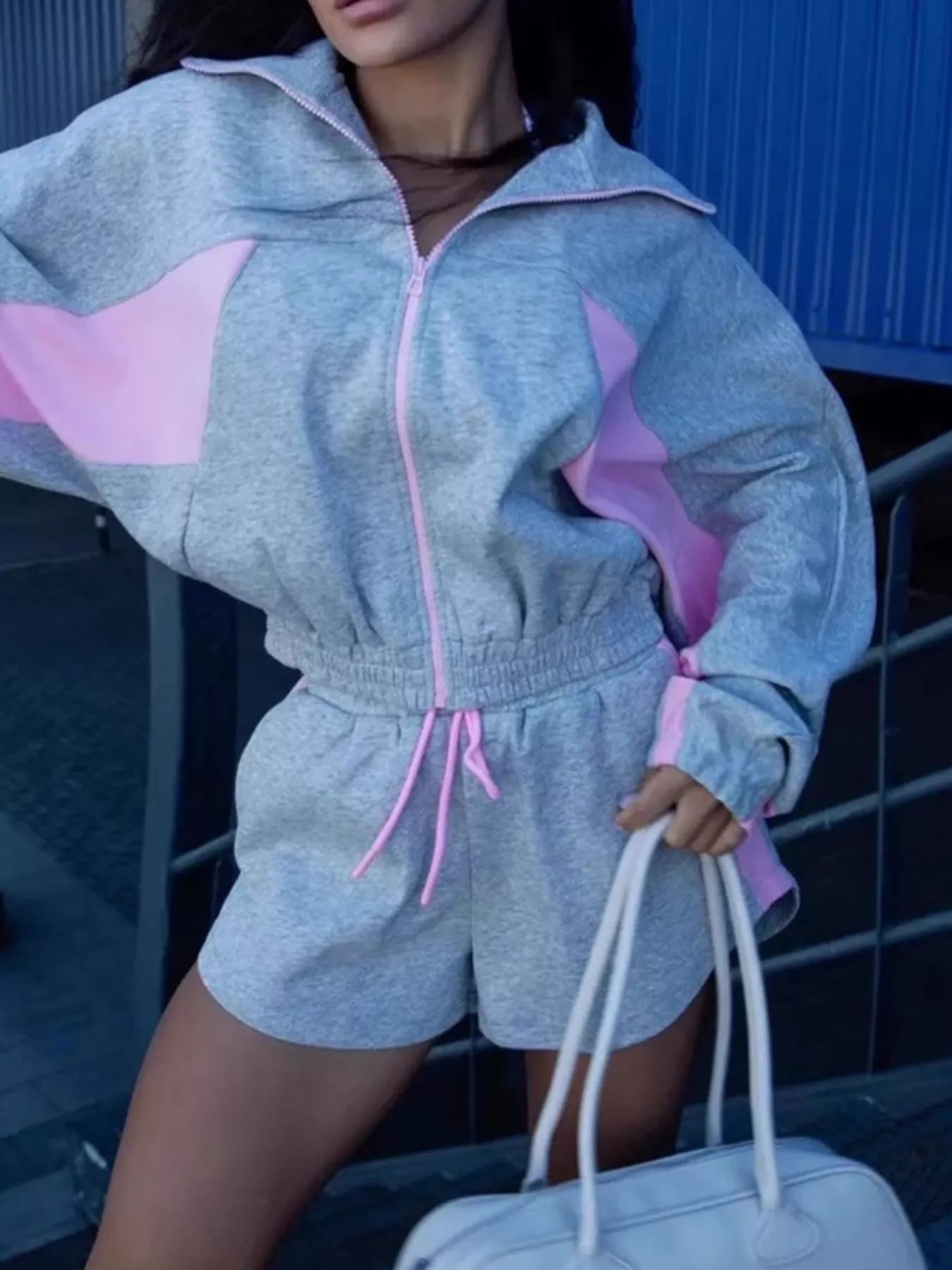Zip Up Long Sleeve Outerwear and Shorts Set