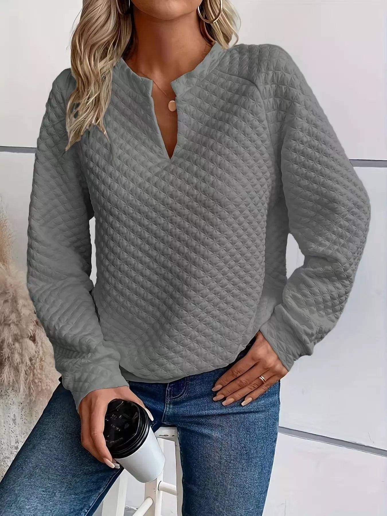 Textured Notched Raglan Sleeve Sweatshirt