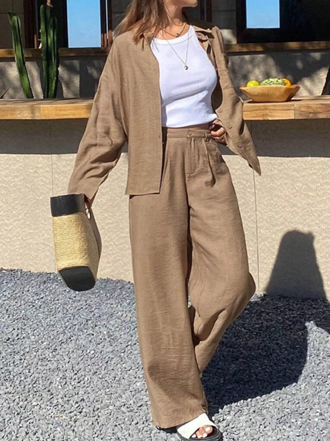 Full Size Relaxed Fit Button Up Shirt and Pants Two-Piece Set Plus Size