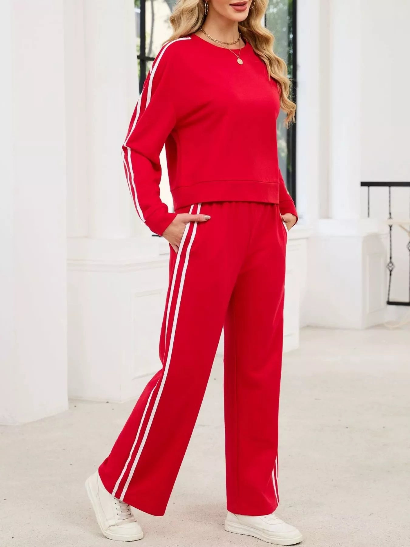 Striped Round Neck Sweatshirt and Pants Set
