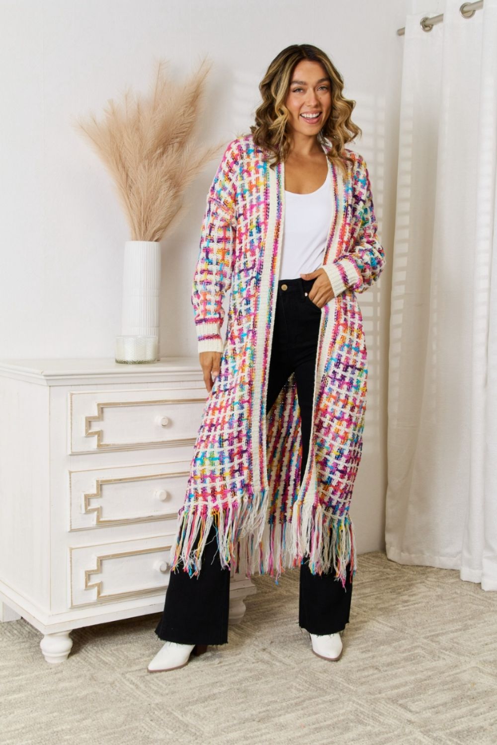 Multicolored Open Front Fringe Hem Cardigan Red White