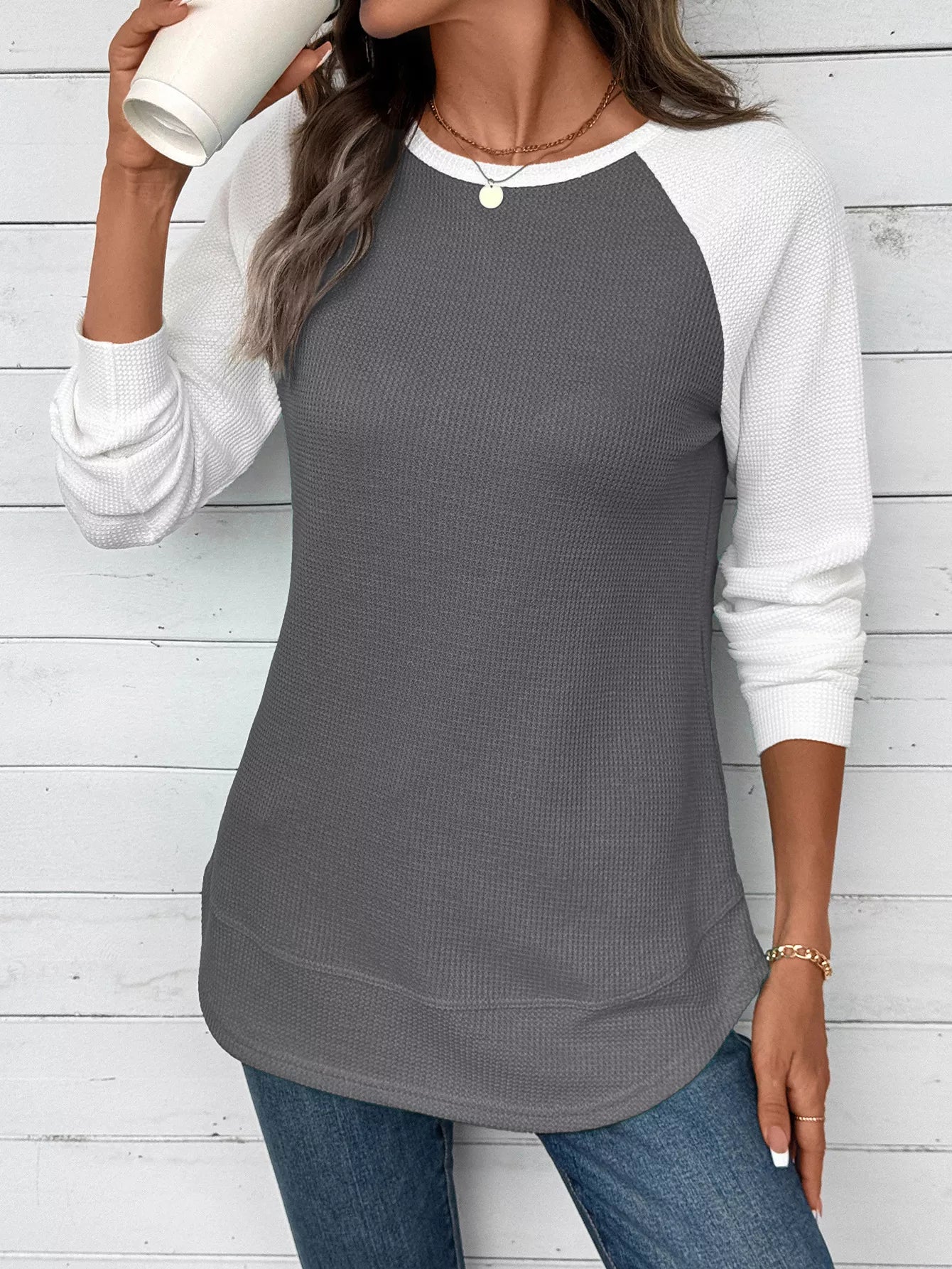 Contrast Raglan Sleeve Waffle Knit T-Shirt