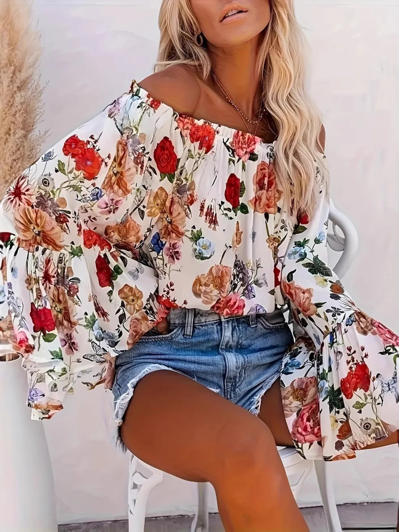 Full Size Floral Off-Shoulder Bell Sleeve Blouse Plus Size