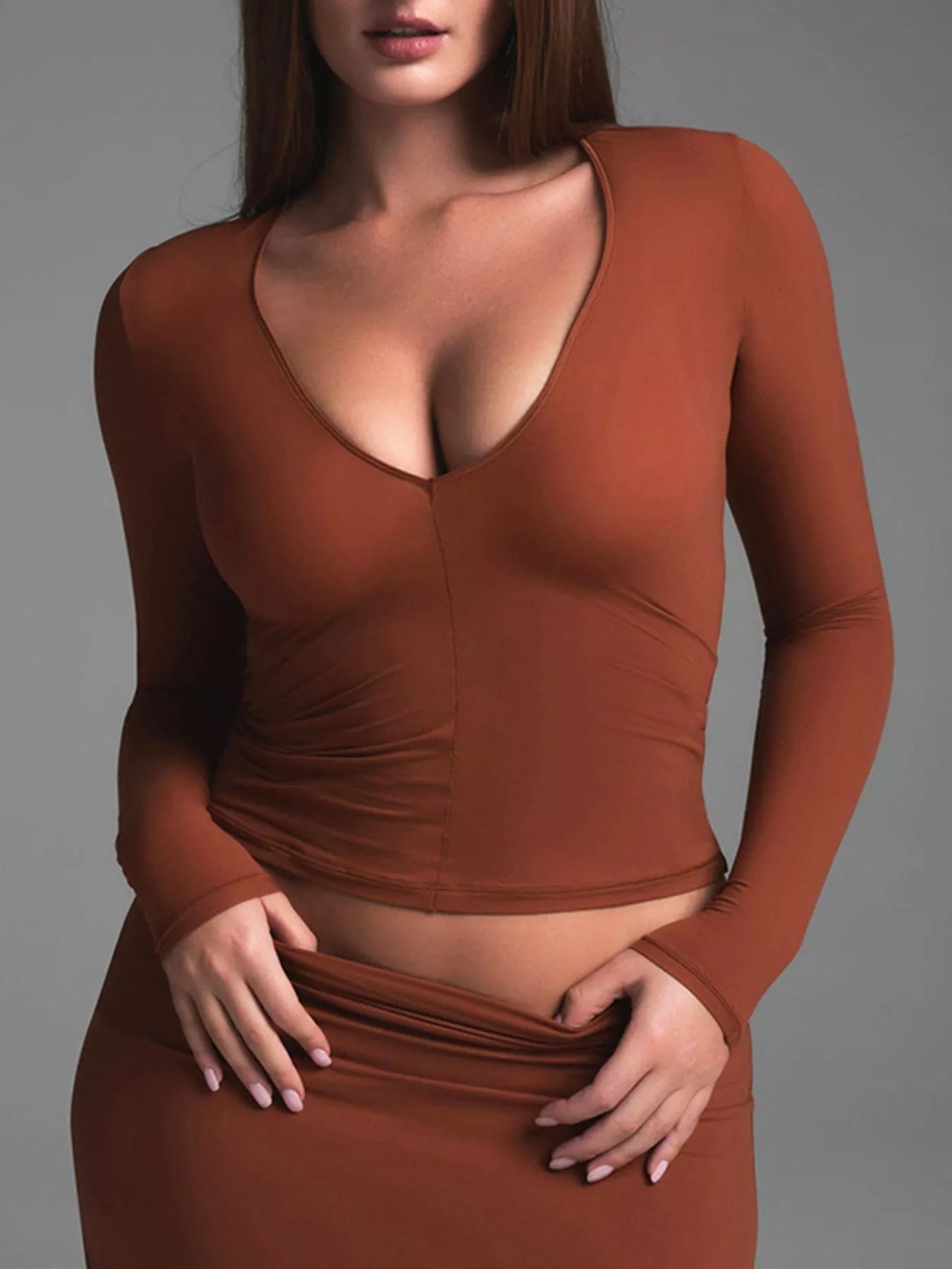 V-Neck Long Sleeve Crop T-Shirt