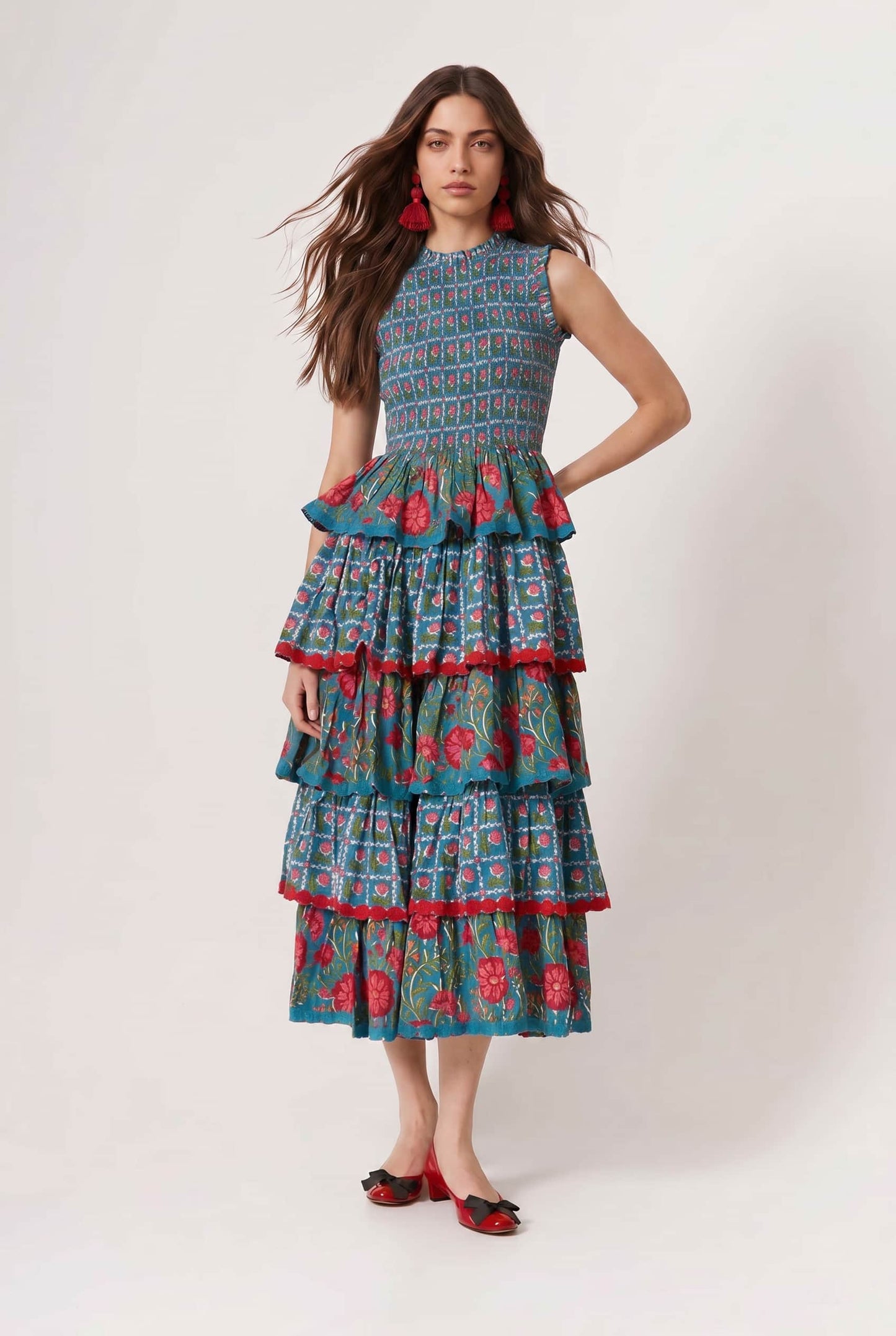 Pleated Deign Printed Maxi Dress Blue