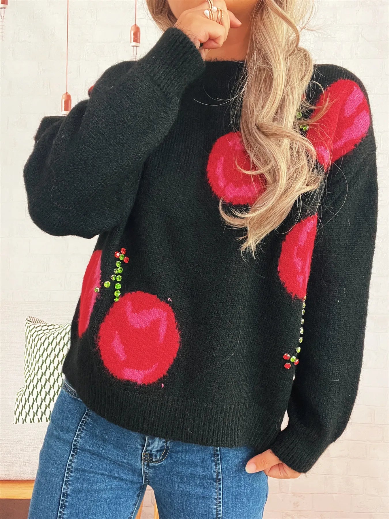 Women’s Contrast Cherry Round Neck Sweater – Cute Knit Pullover for Fall & Winter