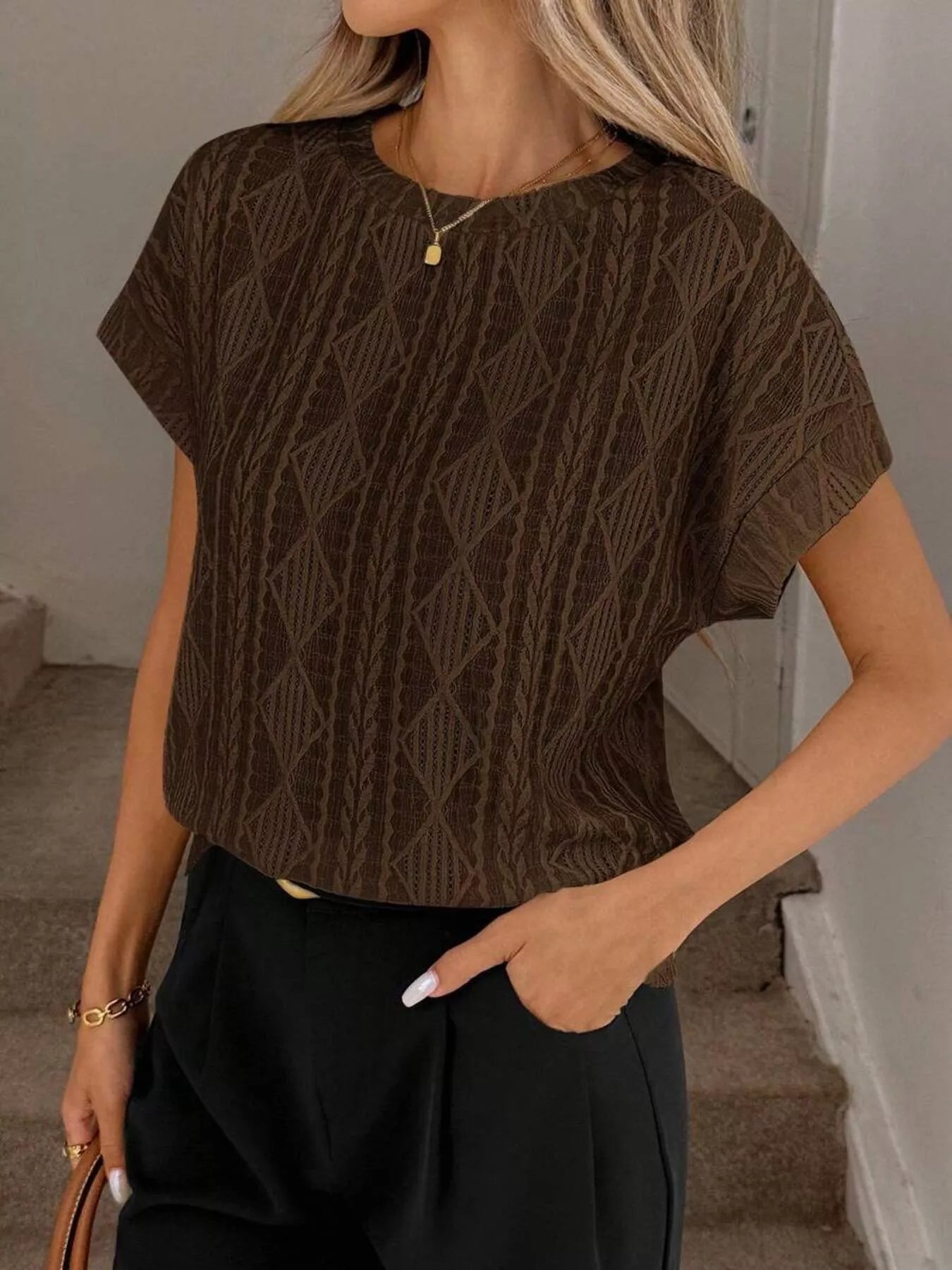 Diamond Pattern Round Neck Top