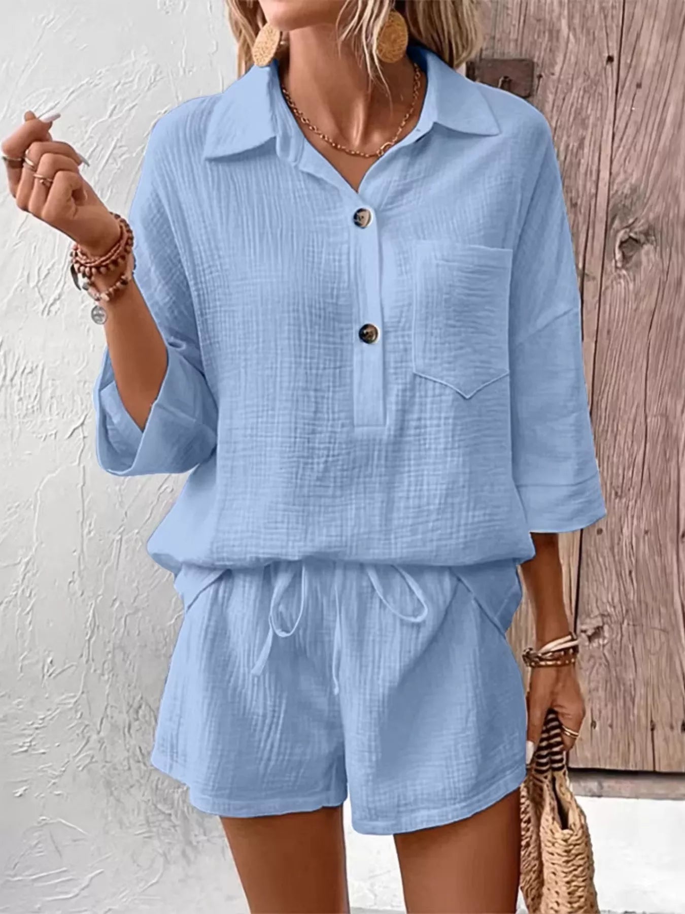 Button Detail Top and Shorts Set