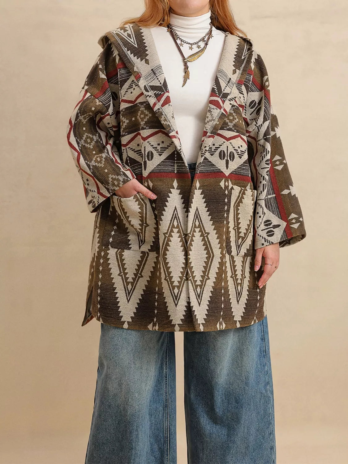 Plus Size Aztec Print Hooded Open Front Cardigan