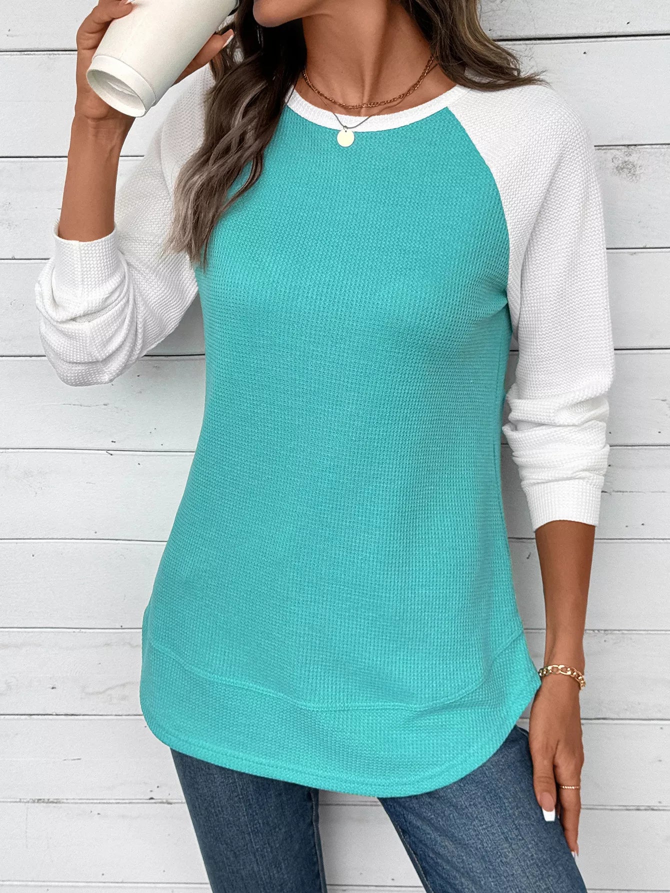 Contrast Raglan Sleeve Waffle Knit T-Shirt