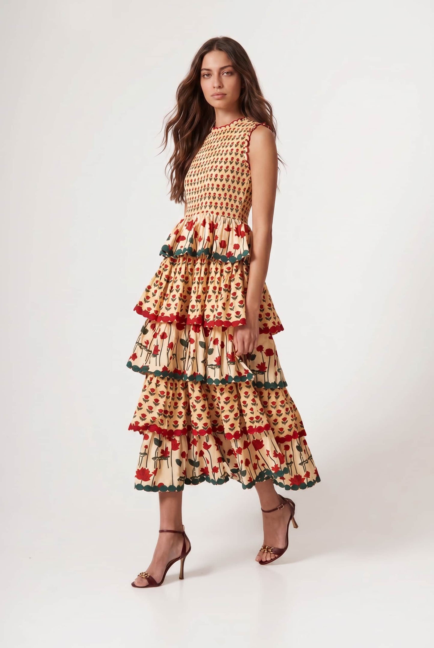 Pleated Deign Printed Maxi Dress Yellow
