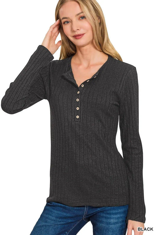 Black Long Sleeve Ribbed Top – Half Button Front
