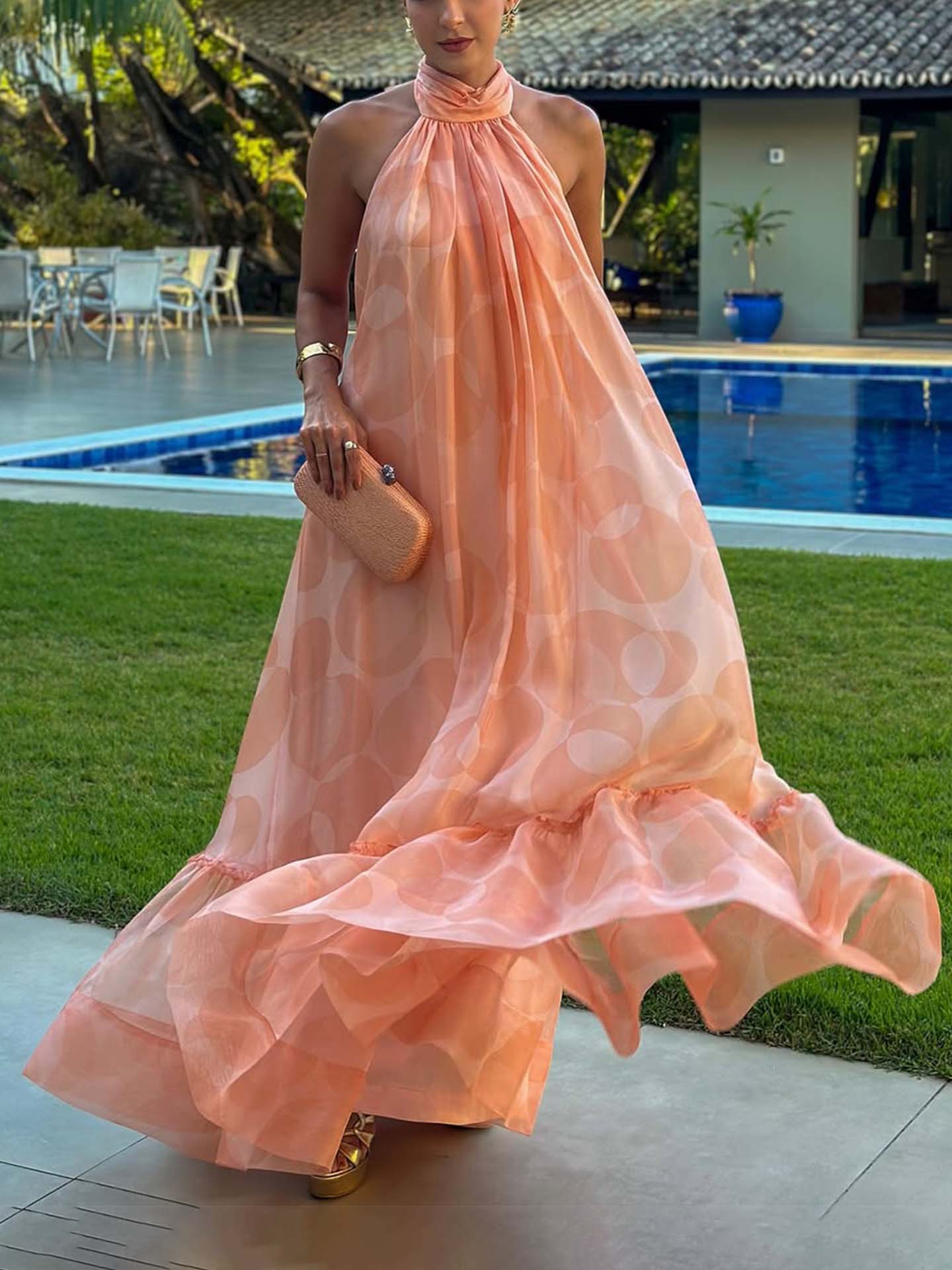 Halter Neck Bright Geometric Print Maxi Dress Orange