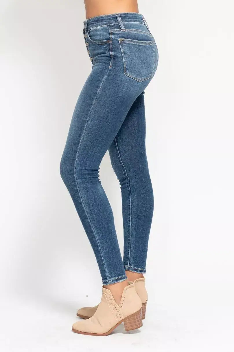Dusty Dark Blue Full Size High Rise Button Fly Skinny Jeans Plus Size