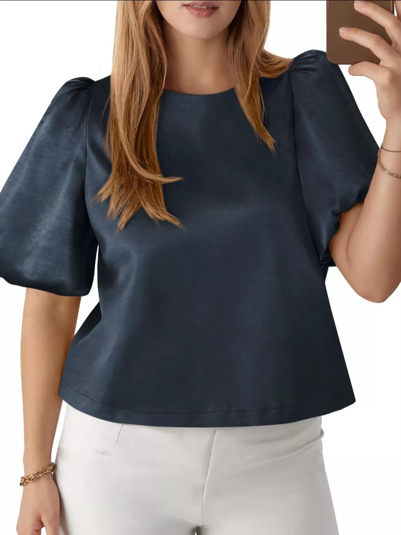 Round Neck Puff Sleeve Satin Top
