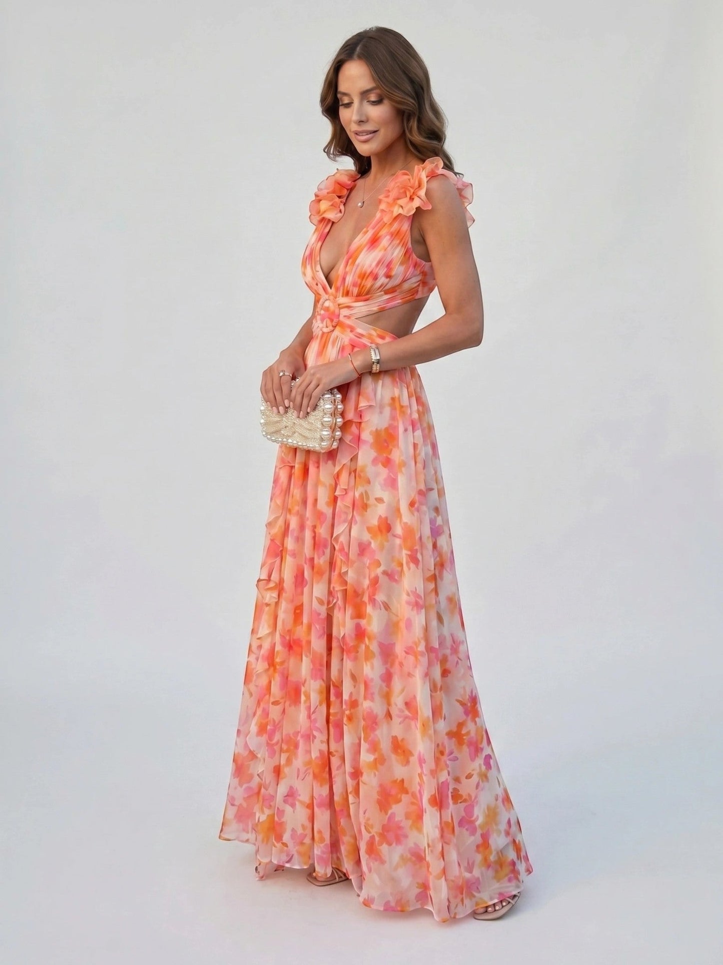 Ariana — Floral Print Maxi Dress With Elegant Sleeveless Flowing Skirt Orange