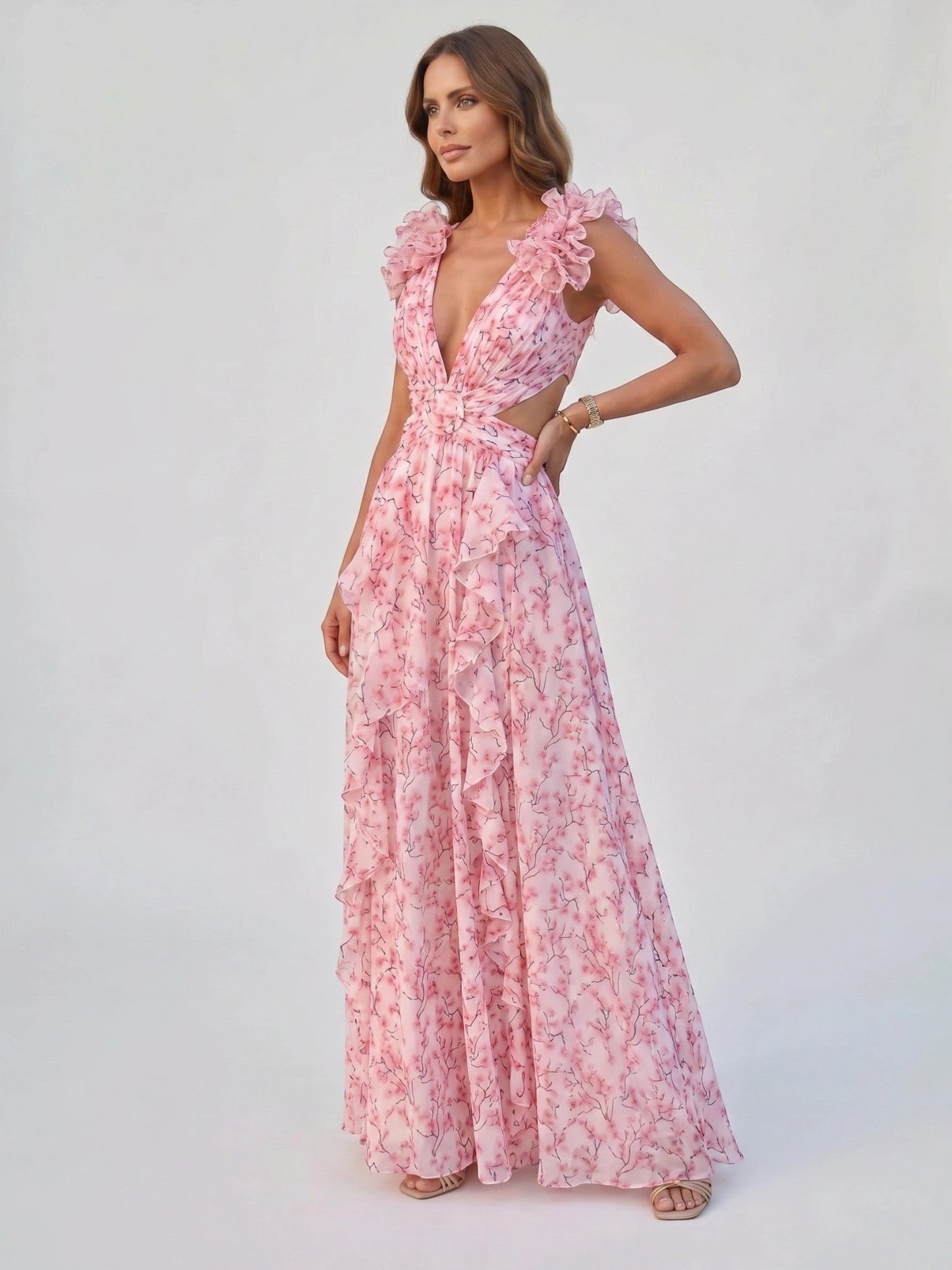 Ariana — Floral Print Maxi Dress With Elegant Sleeveless Flowing Skirt Pink
