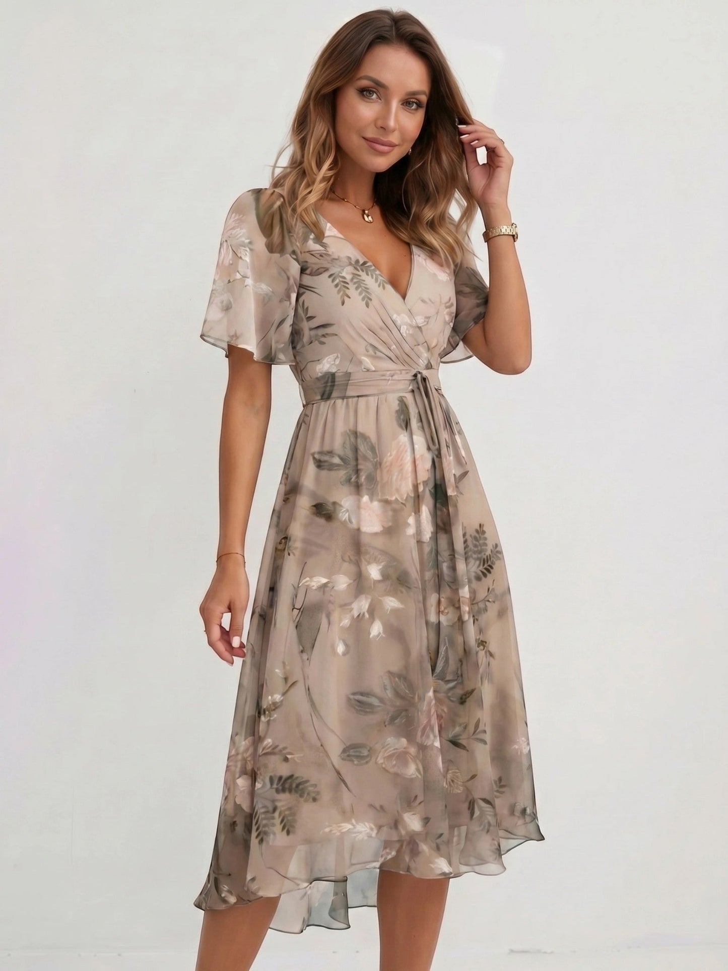 Audrey — Lightweight Floral Wrap Midi Dress With Elegant Flutter Sleeve Design Beige