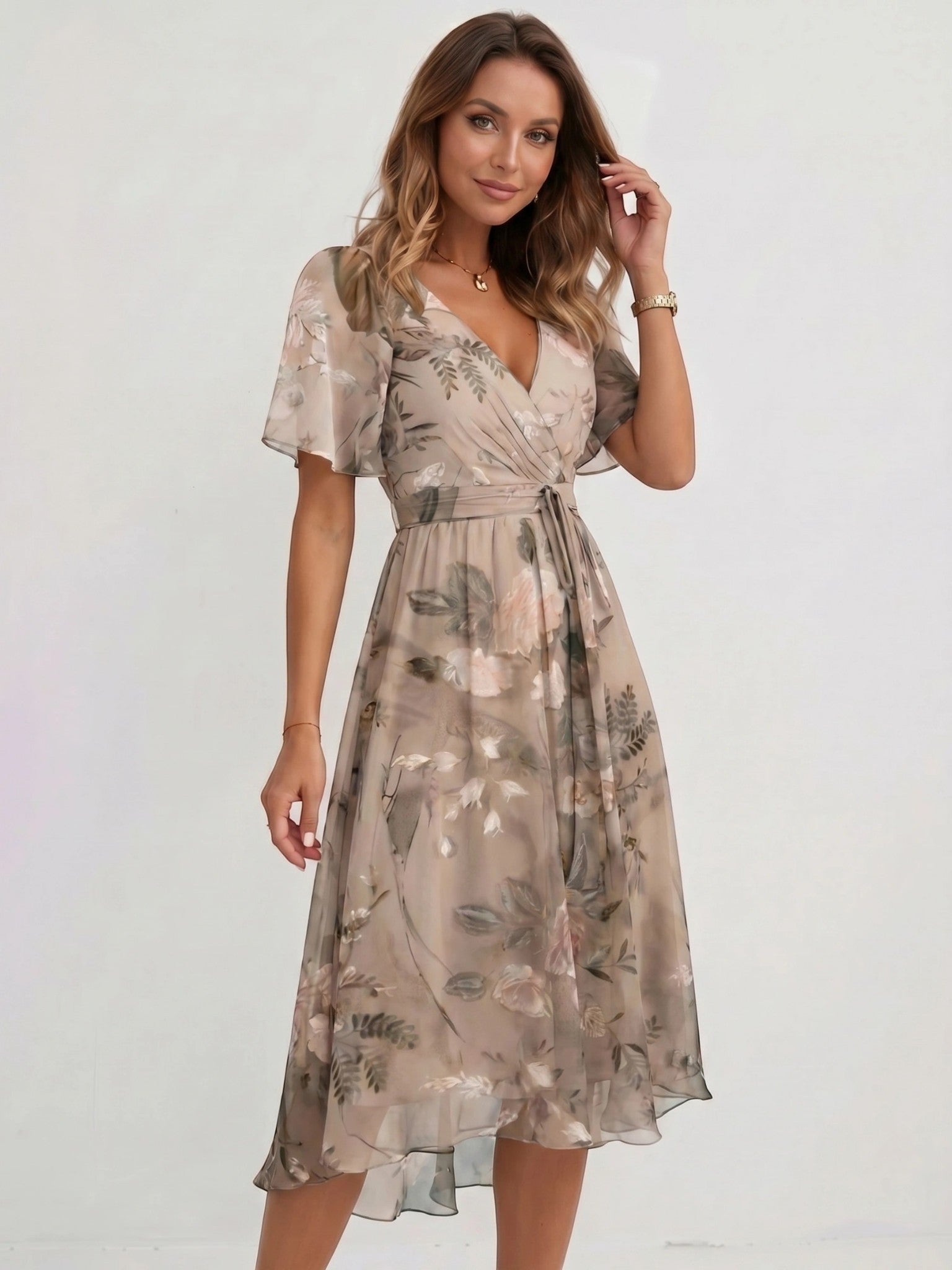 Audrey — Lightweight Floral Wrap Midi Dress With Elegant Flutter Sleeve Design Beige