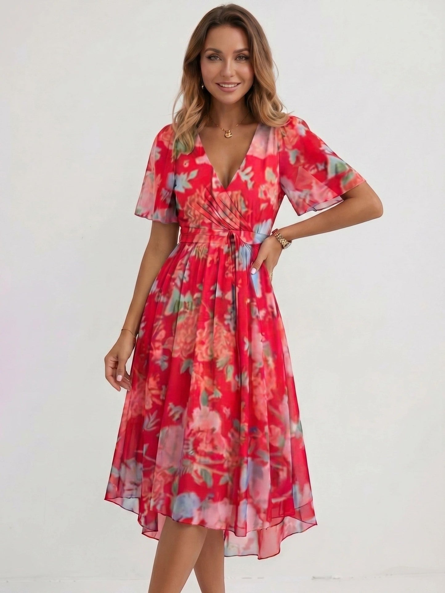 Audrey — Lightweight Floral Wrap Midi Dress With Elegant Flutter Sleeve Design Pink