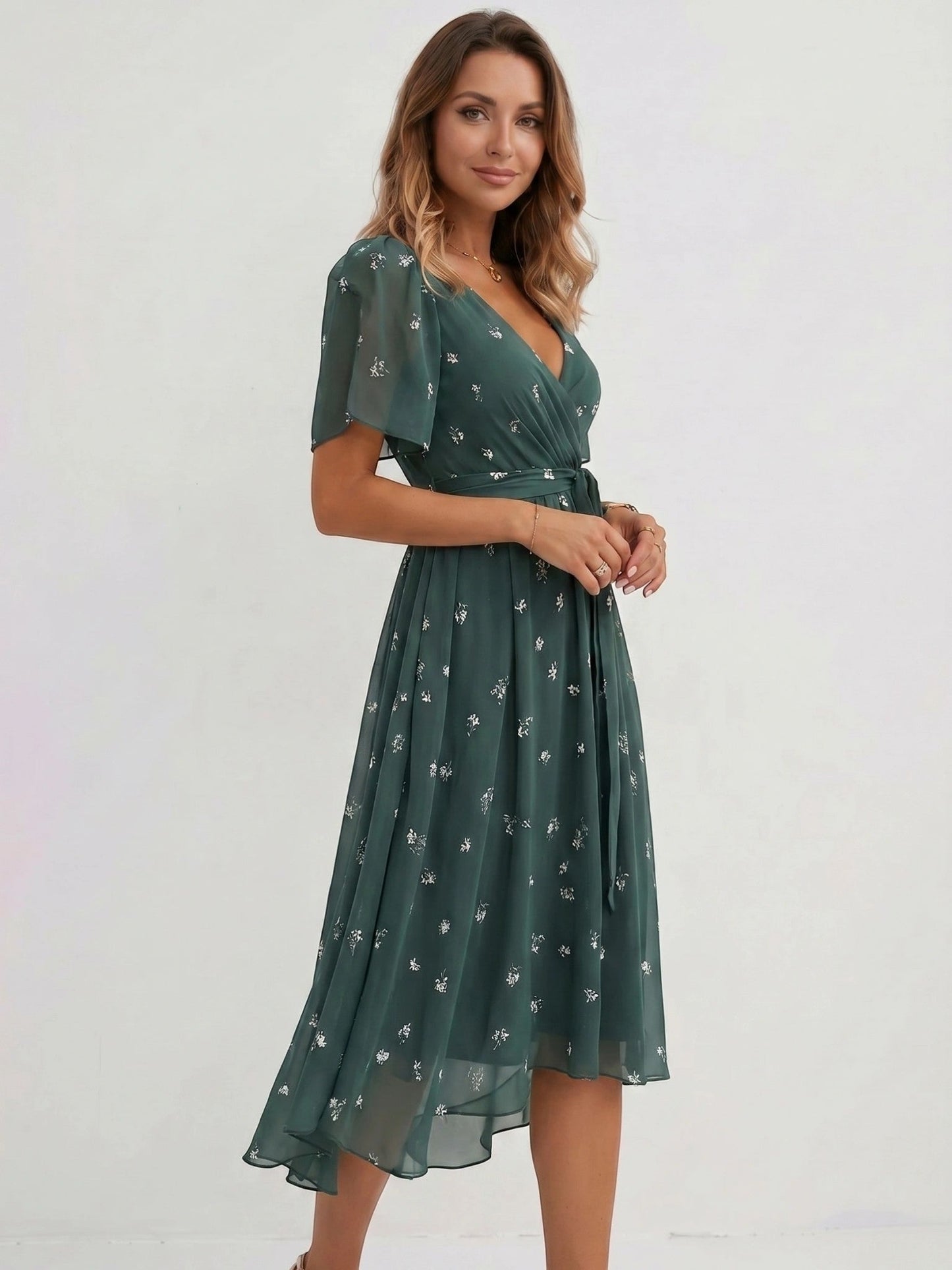 Audrey — Lightweight Floral Wrap Midi Dress With Elegant Flutter Sleeve Design Green