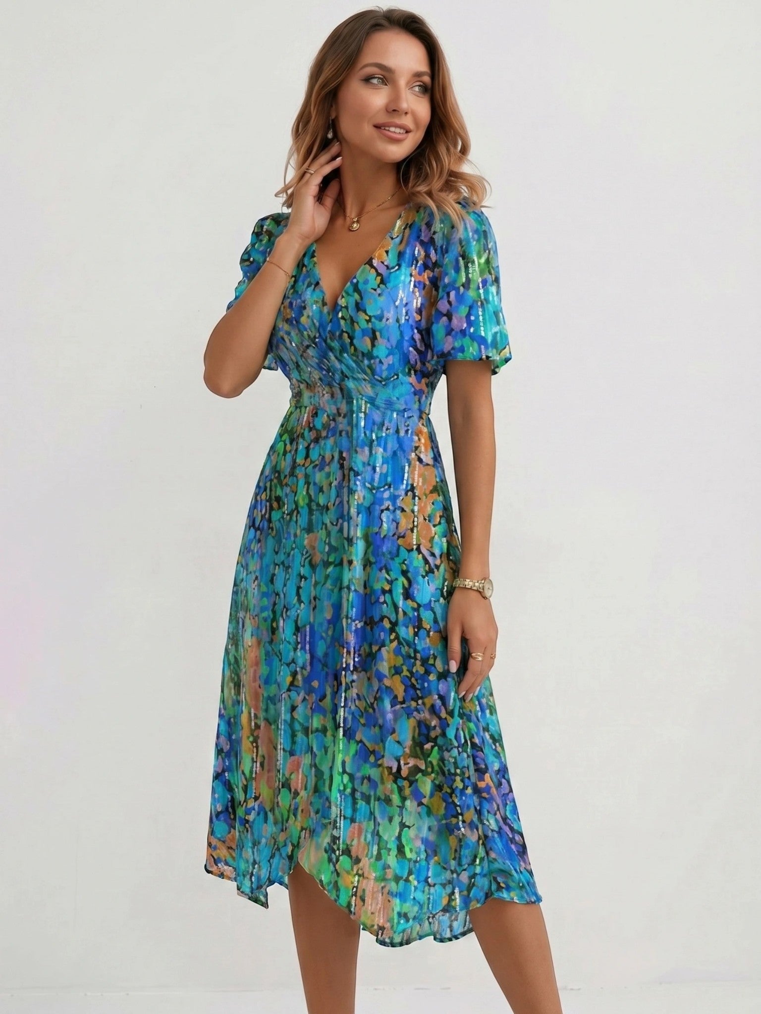 Audrey — Lightweight Floral Wrap Midi Dress With Elegant Flutter Sleeve Design Blue