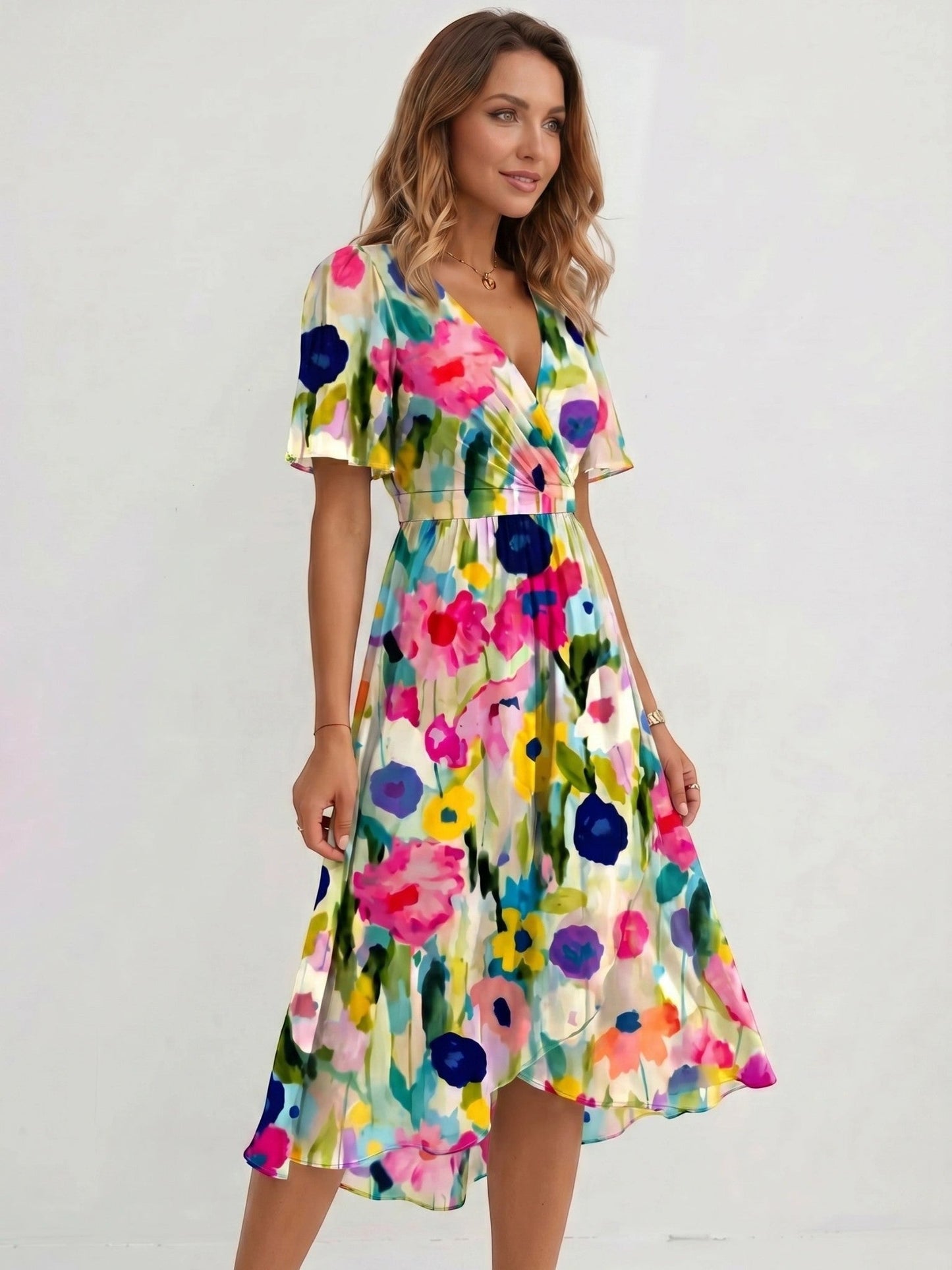 Audrey — Lightweight Floral Wrap Midi Dress With Elegant Flutter Sleeve Design Floral