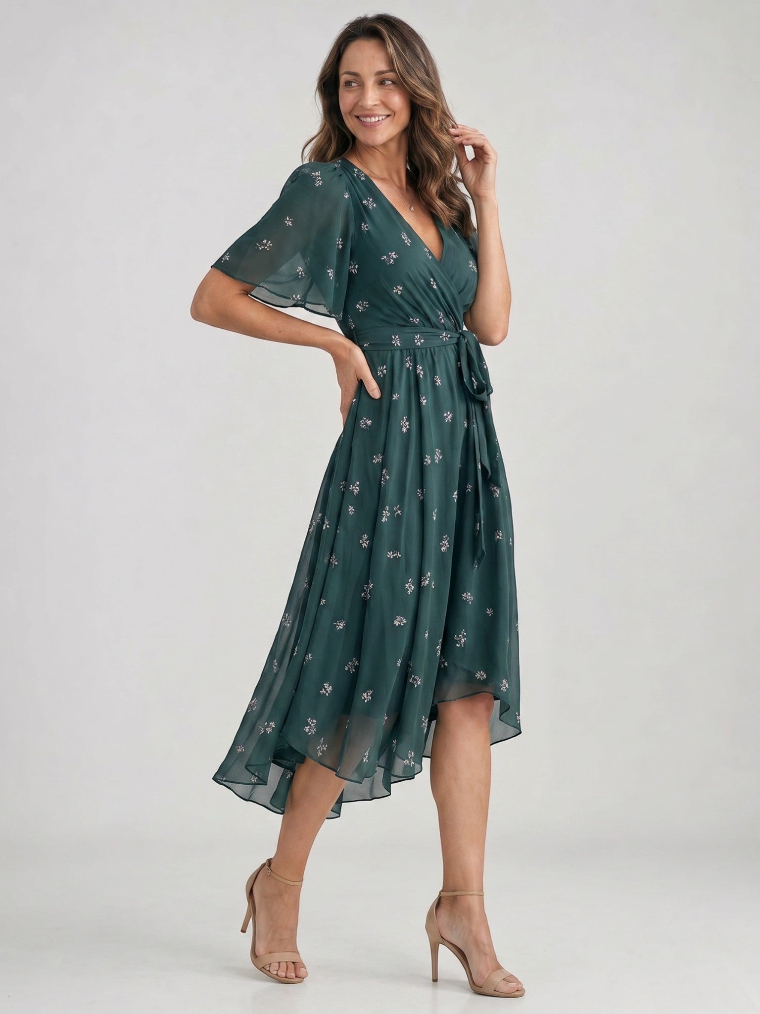 Audrina — Floral Print Midi Dress With Elegant V-Neck Wrap Summer Design Green