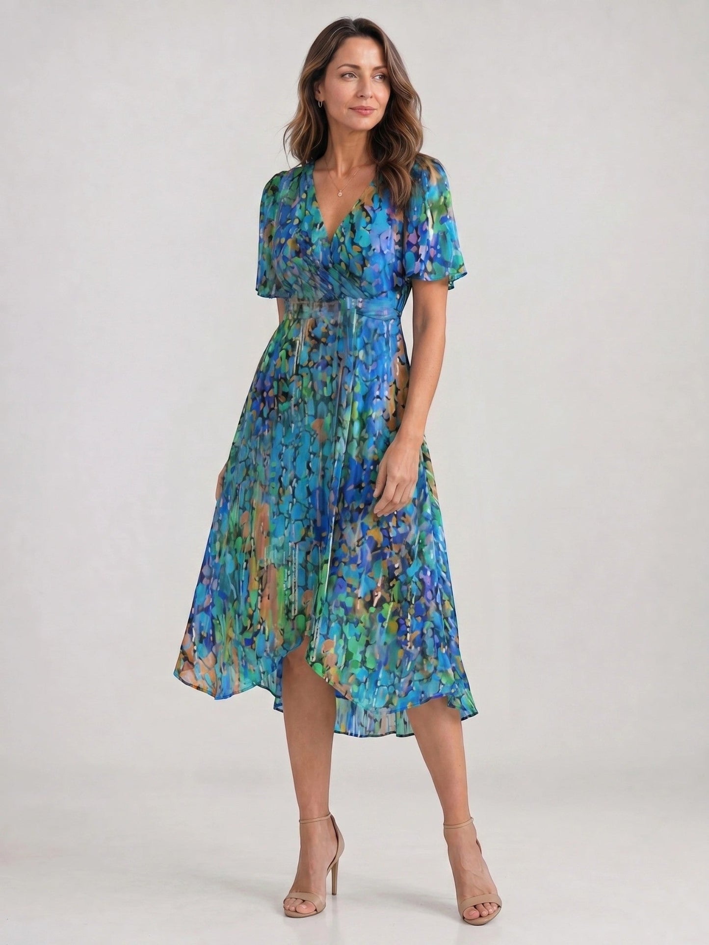 Audrina — Floral Print Midi Dress With Elegant V-Neck Wrap Summer Design Blue