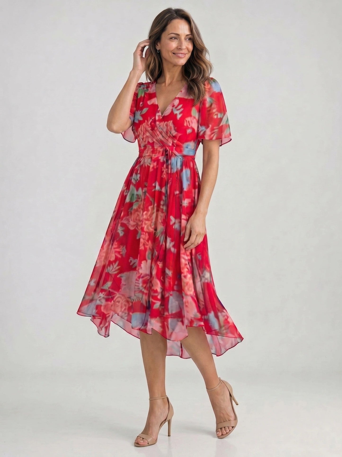 Audrina — Floral Print Midi Dress With Elegant V-Neck Wrap Summer Design Pink