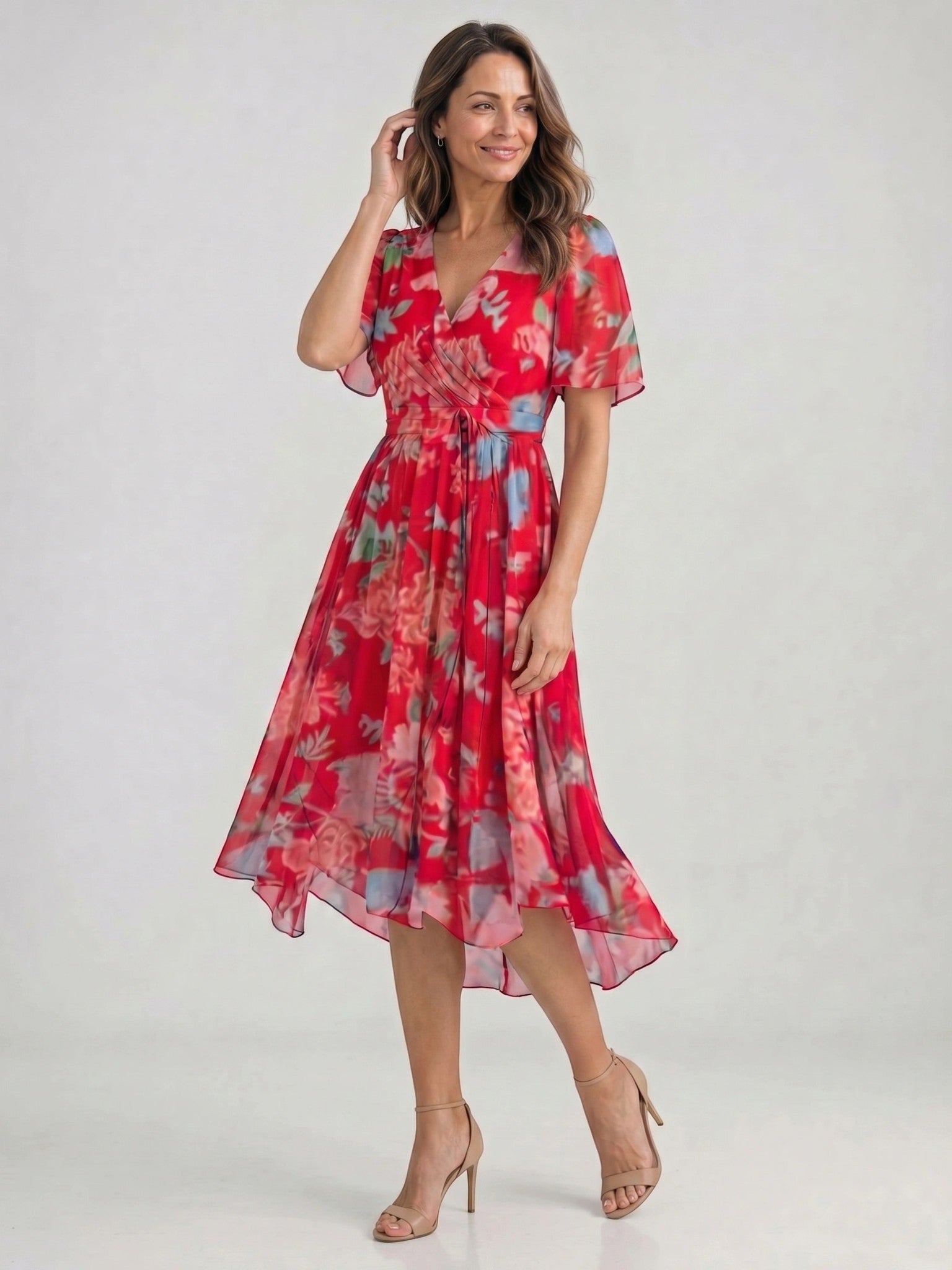 Audrina — Floral Print Midi Dress With Elegant V-Neck Wrap Summer Design Pink